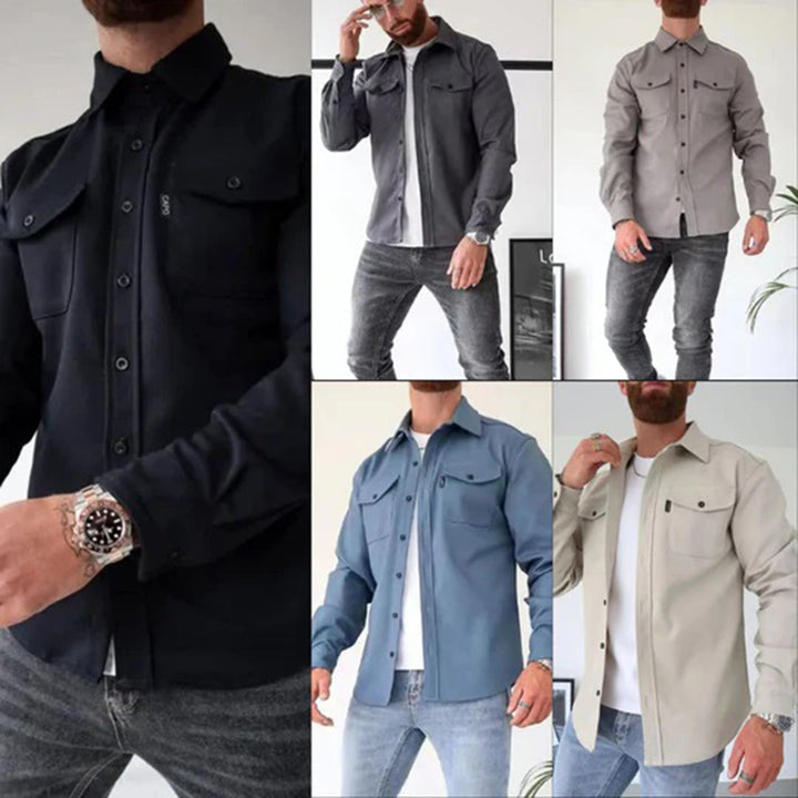 Afbeelding van vijf herenoverhemden in verschillende kleuren: zwart, grijs, lichtgrijs, blauw en beige. Modieuze casual stijl, ideaal voor dagelijks gebruik.