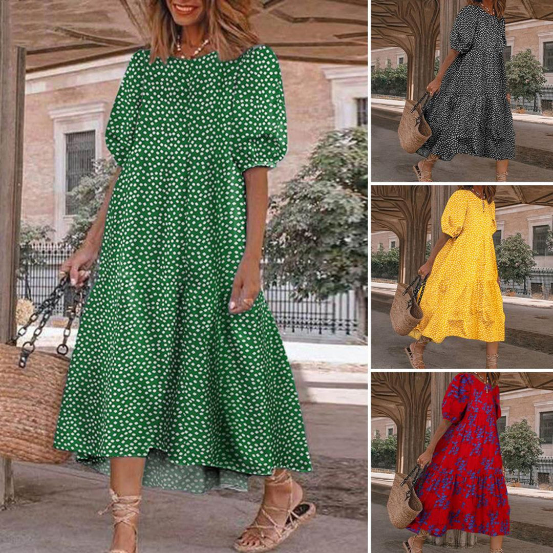 Vrouw in groene jurk met witte stippen, zomermode, casual stijl, vier kleurenopties, comfortabele pasvorm, stedelijke achtergrond.