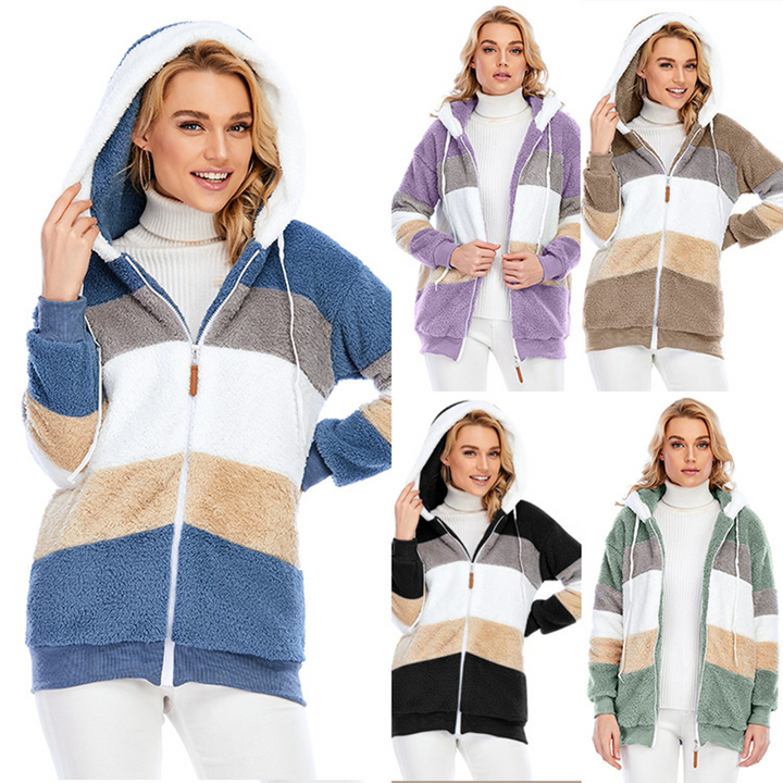 Dames fleece vest met capuchon, kleurblokken in blauw, paars, zwart, groen; warme wintermode, casual stijl, comfortabele pasvorm.
