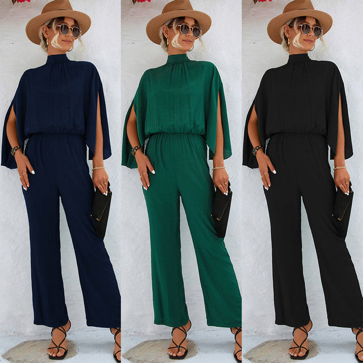 Drie elegante dames jumpsuits in blauw, groen en zwart met wijde pijpen en kapmouwen, ideaal voor zomer, casual en chique gelegenheden.