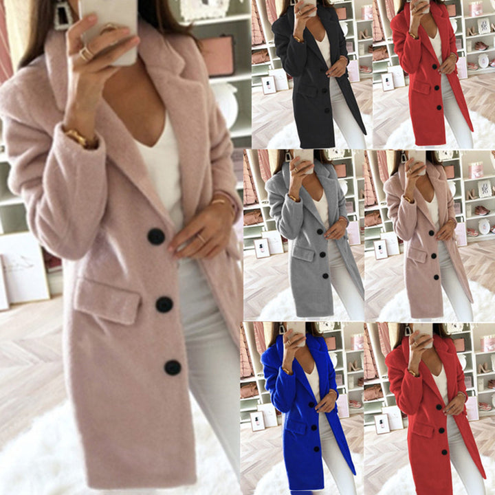 Dames winterjas in zes kleuren: roze, zwart, rood, grijs, blauw, beige. Elegante lange wollen jas met knopen, perfect voor modieuze winteroutfits.