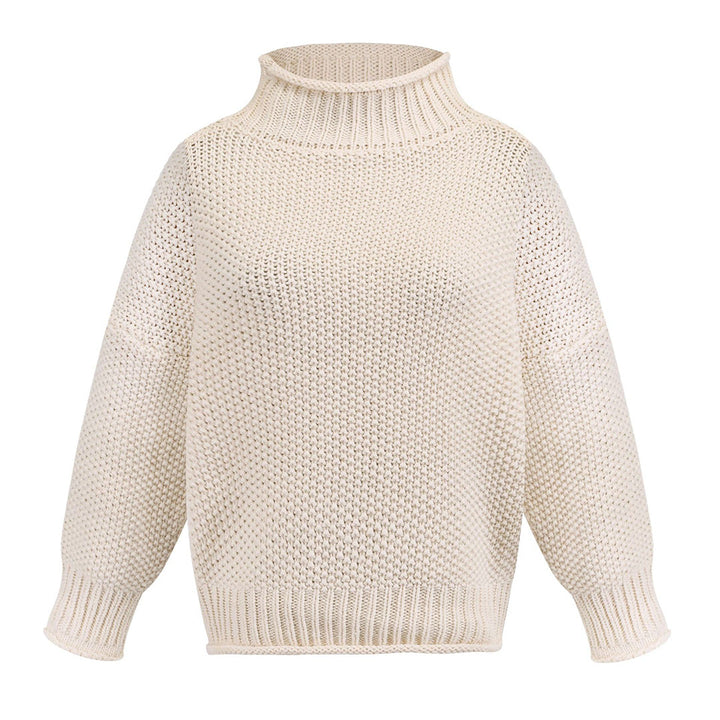 Crèmekleurige gebreide trui met col, lange mouwen en losse pasvorm. Perfect voor herfstmode, dameskleding, warme truien.