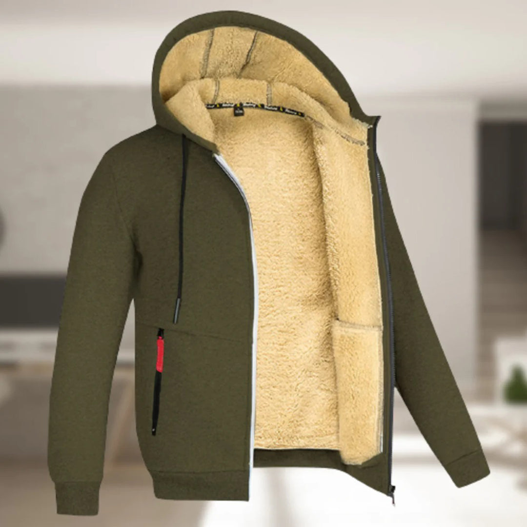 Olijfgroene fleece gevoerde hoodie met rits, capuchon en zakken. Warme winterjas voor heren, ideaal voor casual en outdoor activiteiten.