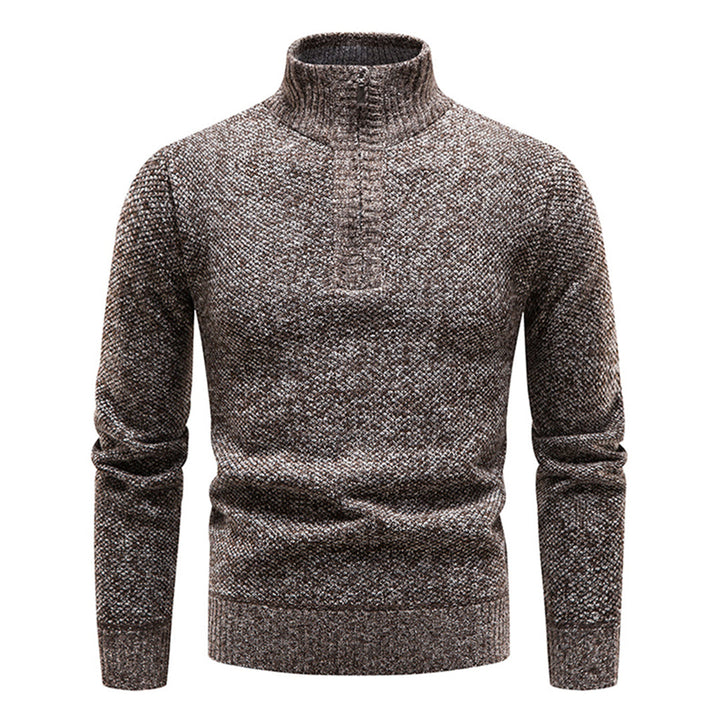 Bruine wollen herentrui met hoge kraag en ritssluiting, ideaal voor herfst- en wintermode. Comfortabele pasvorm, stijlvol en warm.