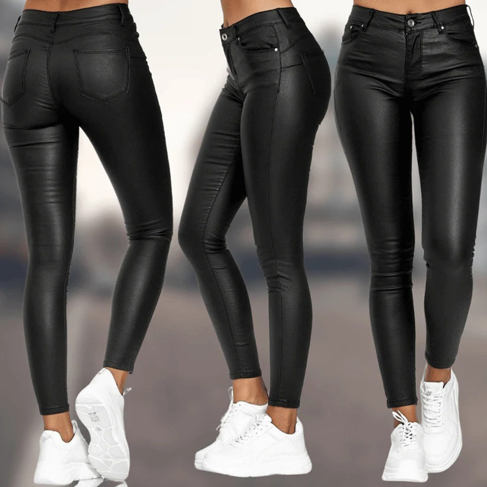 Elegante zwarte damesbroek, skinny fit, hoge taille, met zakken, gemaakt van stretchmateriaal. Perfect voor casual en stijlvolle outfits.