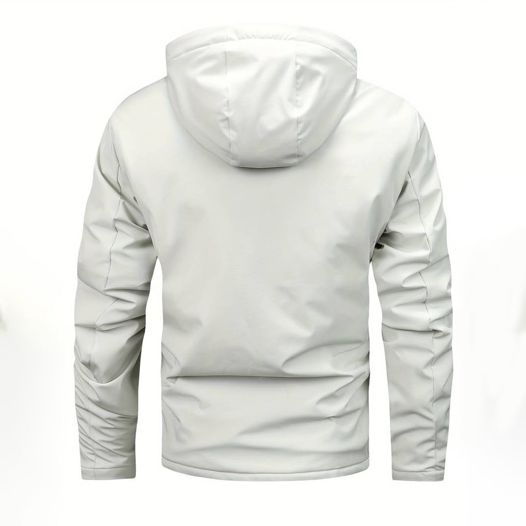 Beige-witte herenjas met capuchon, waterdicht en winddicht, ideaal voor outdoor activiteiten. Stijlvolle en functionele winterjas.