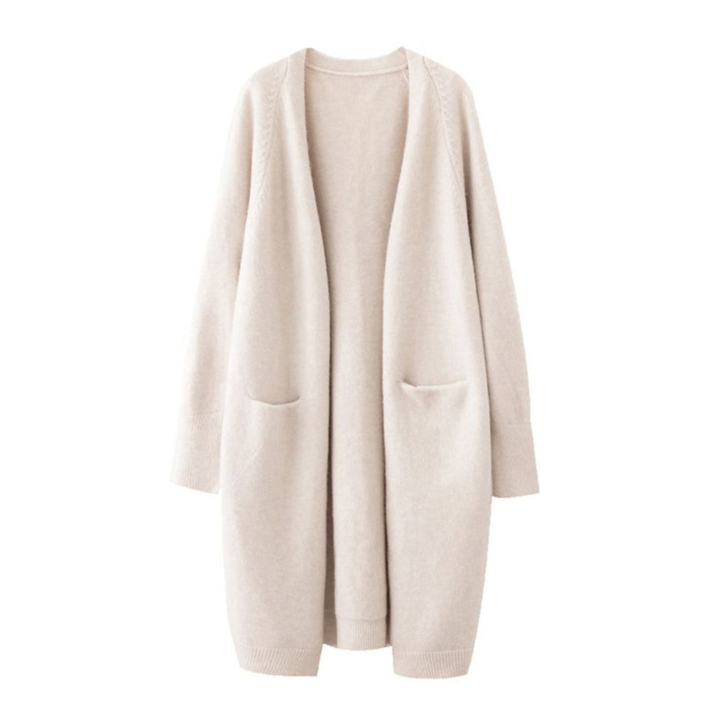 Beige damesvest, lange mouwen, open voorkant, zakken, casual stijl. Perfect voor herfst en winter. Comfortabel en stijlvol kledingstuk.