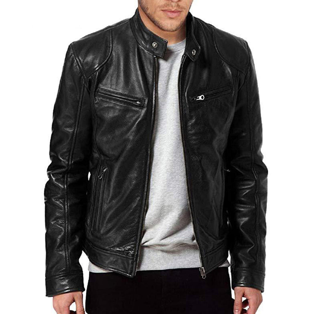Zwarte leren jas voor heren met ritssluiting, opstaande kraag en zakken. Stijlvolle motorjas, perfect voor casual en modieuze looks.