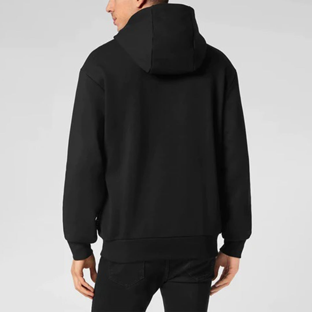 Zwarte hoodie voor heren, achterkant, met capuchon, casual streetwear, comfortabele pasvorm, ideaal voor dagelijks gebruik en sportieve activiteiten.