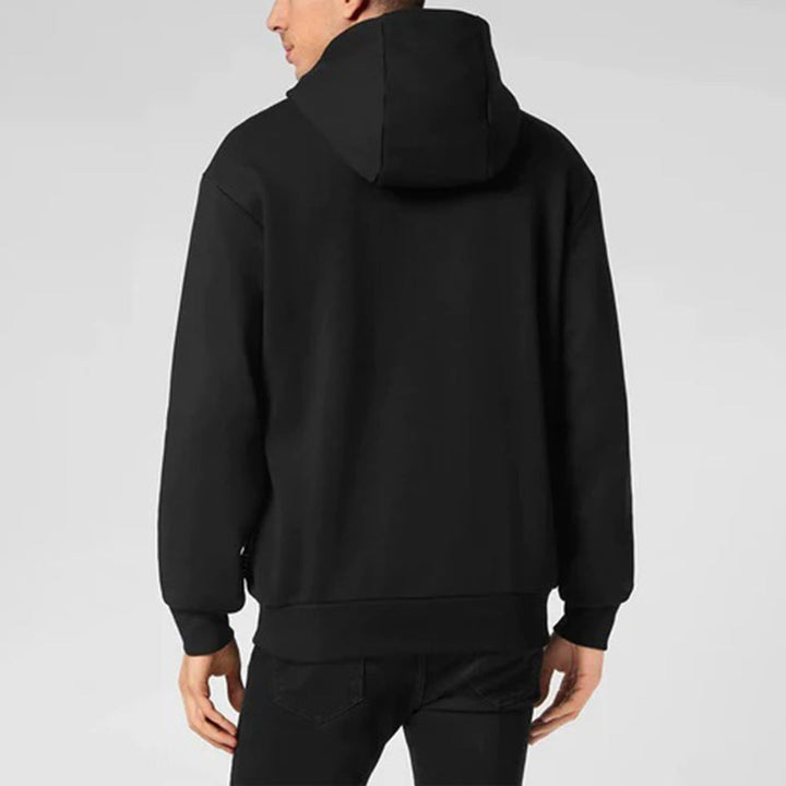 Zwarte hoodie voor heren, achterkant, met capuchon, casual streetwear, comfortabele pasvorm, ideaal voor dagelijks gebruik en sportieve activiteiten.