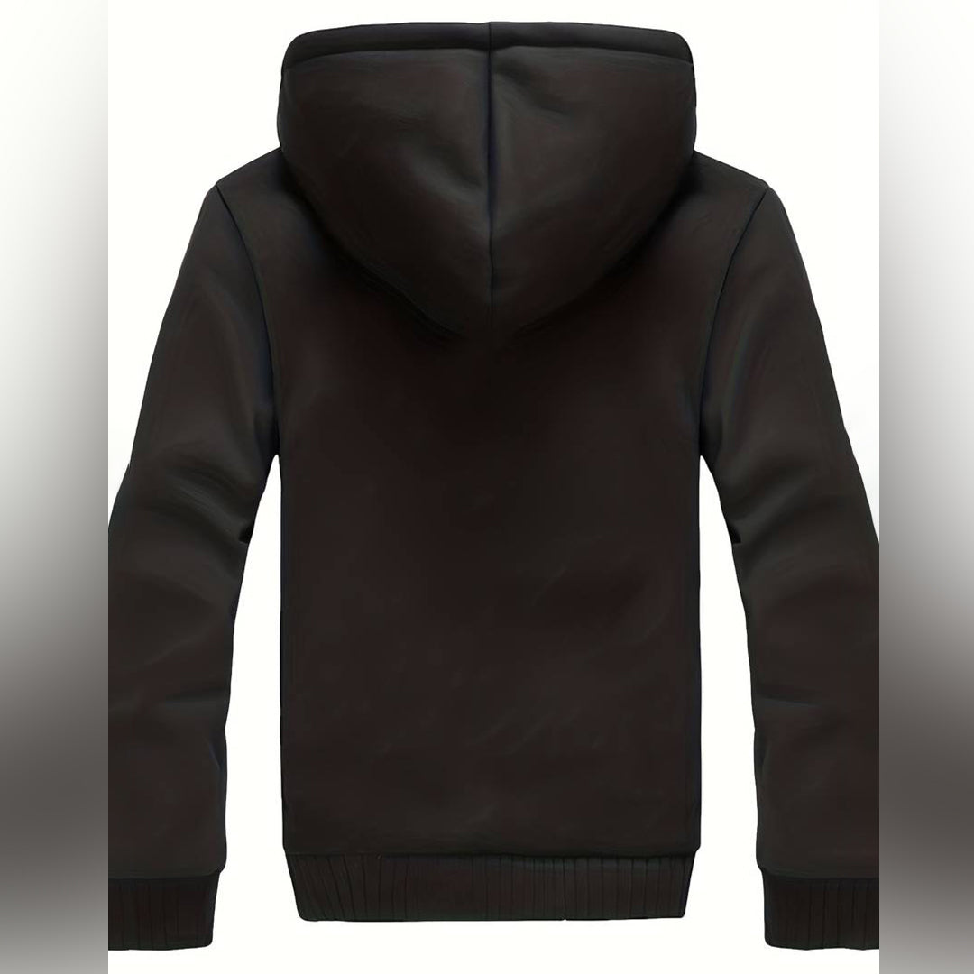 Zwarte hoodie met capuchon, lange mouwen en geribbelde boorden, unisex ontwerp, casual streetwear, comfortabele katoenen stof.
