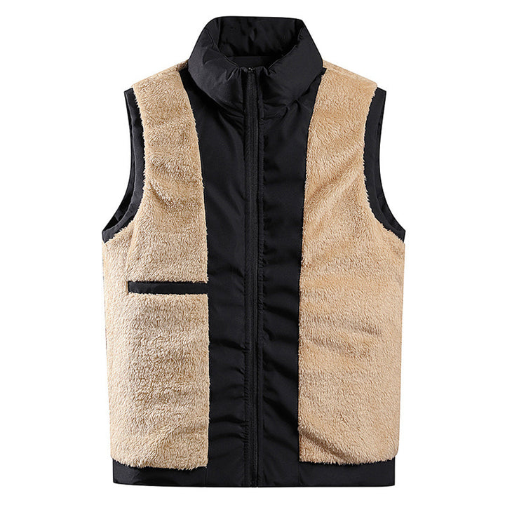 Zwarte en beige fleece bodywarmer voor heren, mouwloos, met ritssluiting. Ideaal voor wintermode en outdooractiviteiten. Comfortabel en stijlvol.