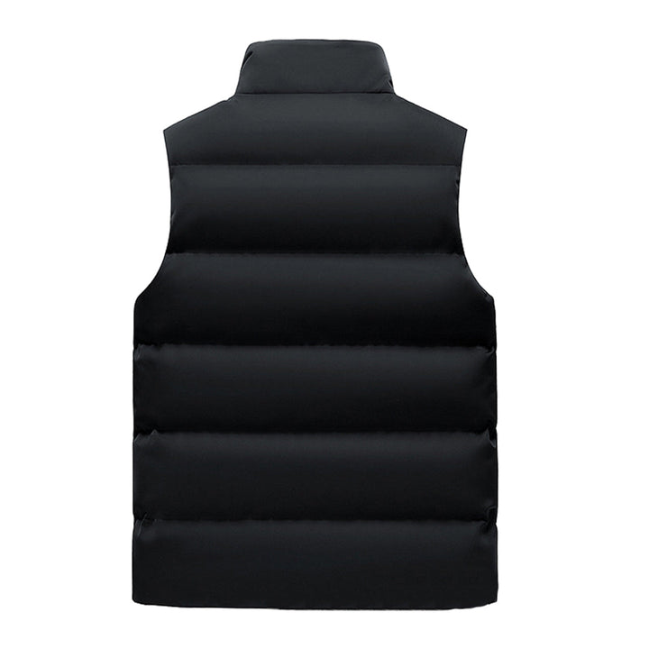 Zwarte gewatteerde bodywarmer voor heren, achterkant. Stijlvolle winterkleding, ideaal voor outdoor activiteiten. Comfortabel en warm.