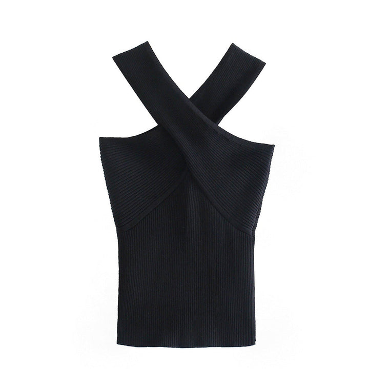 Zwarte ribgebreide top met gekruiste bandjes, mouwloos ontwerp, damesmode, trendy kleding, elegante stijl, perfect voor casual en avondkleding.