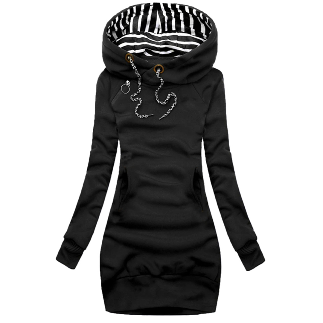 Zwarte dames hoodie jurk met capuchon, gestreepte voering, trekkoorden en zakken. Comfortabele en stijlvolle casual mode.