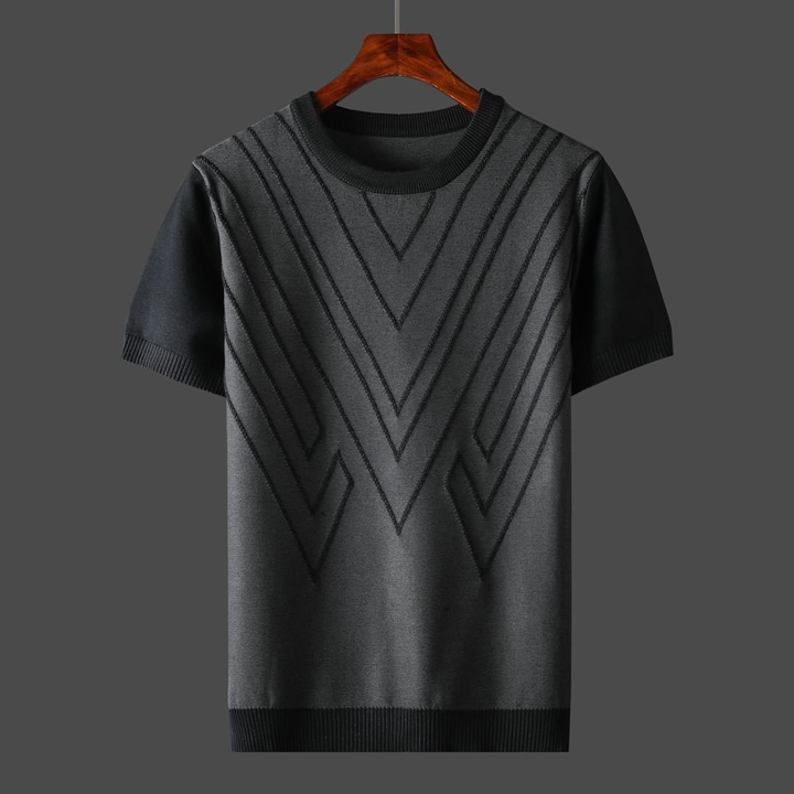 Zwart-grijs heren T-shirt met geometrisch patroon, korte mouwen, ronde hals. Modern design, casual stijl, perfect voor dagelijks gebruik.