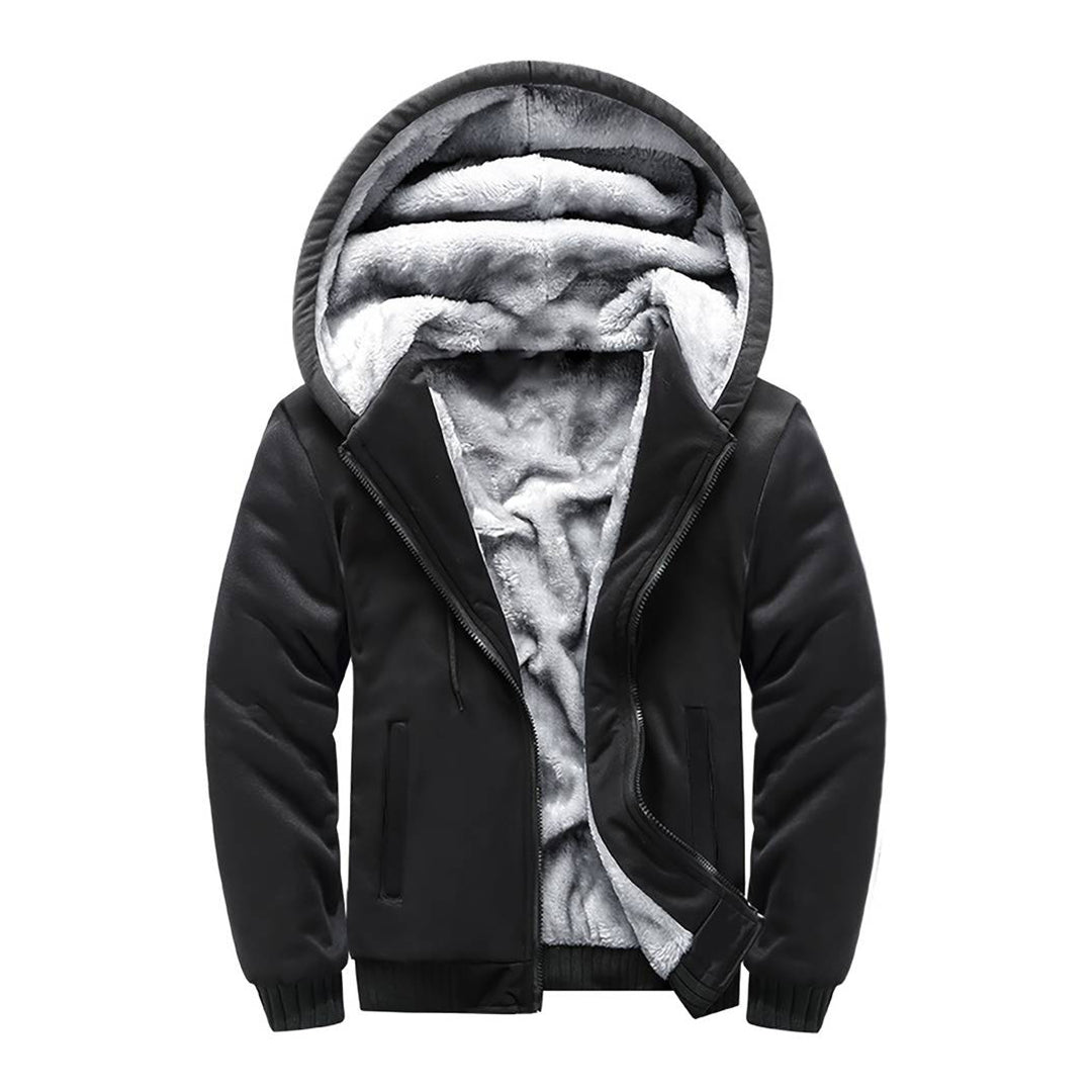 Zwarte winterjas met capuchon, gevoerd met grijze fleece. Warme herenjas, ideaal voor koude seizoenen. Stijlvolle en comfortabele buitenkleding.