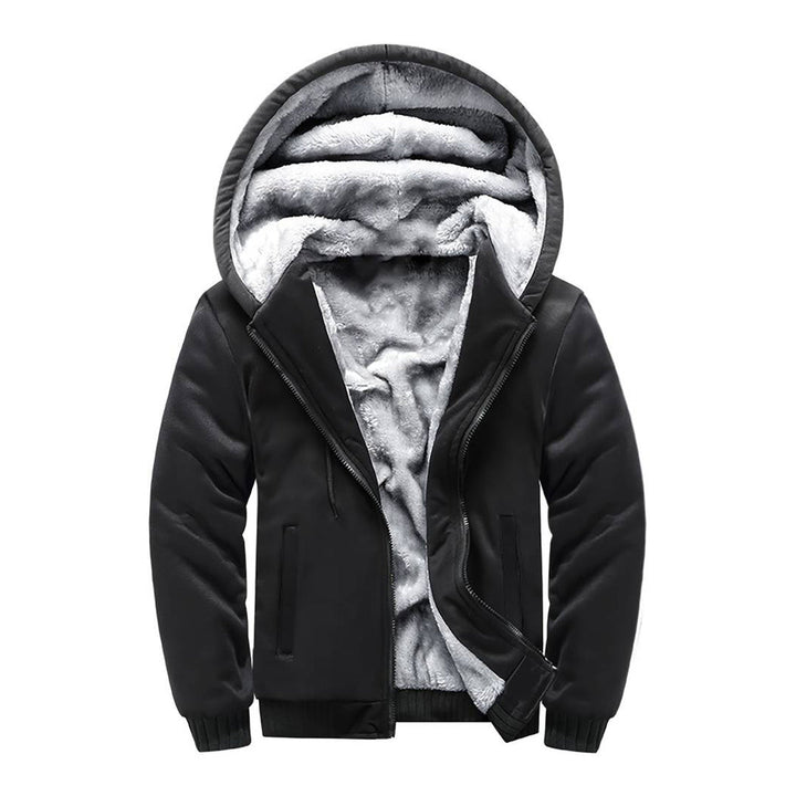 Zwarte winterjas met capuchon, gevoerd met grijze fleece. Warme herenjas, ideaal voor koude seizoenen. Stijlvolle en comfortabele buitenkleding.