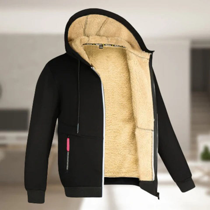 Zwarte fleece gevoerde hoodie met rits, capuchon en zakken. Perfect voor wintermode, warme kleding, casual stijl. Unisex ontwerp.