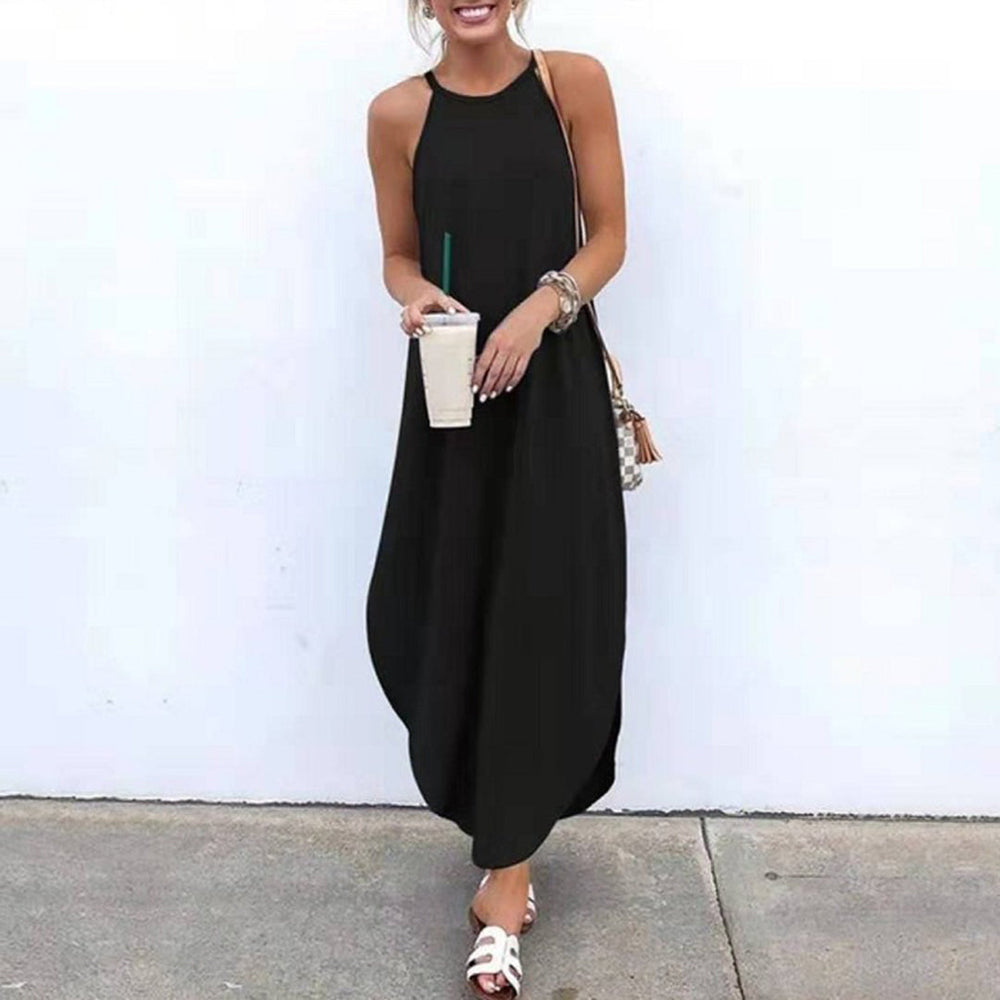 Zwarte maxi-jurk dames, mouwloos, casual zomerstijl, perfect voor strand of stad. Comfortabele pasvorm, trendy en veelzijdig voor dagelijks gebruik.