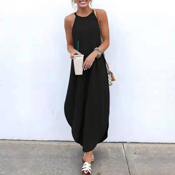 Zwarte maxi-jurk dames, mouwloos, casual zomerstijl, perfect voor strand of stad. Comfortabele pasvorm, trendy en veelzijdig voor dagelijks gebruik.