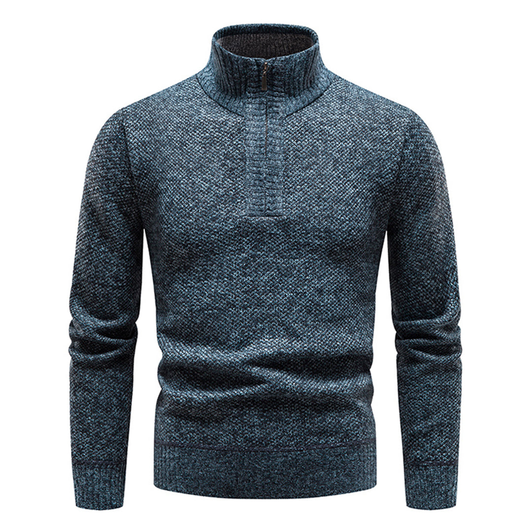 Blauwe herentrui met halve rits, gebreid patroon, hoge kraag. Stijlvolle winterkleding, warme en comfortabele pasvorm. Perfect voor casual outfits.