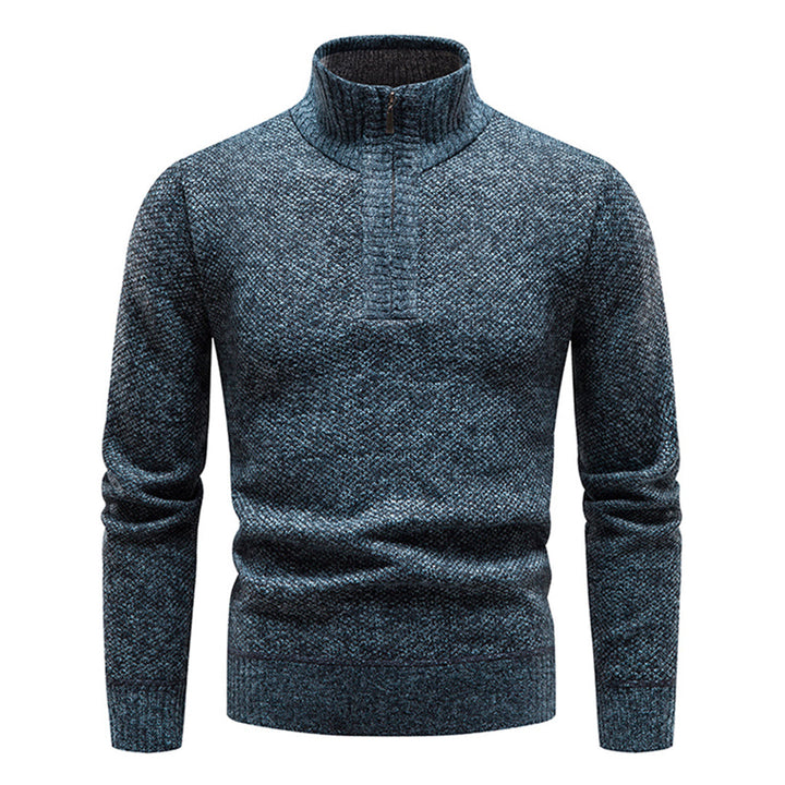 Blauwe herentrui met halve rits, gebreid patroon, hoge kraag. Stijlvolle winterkleding, warme en comfortabele pasvorm. Perfect voor casual outfits.
