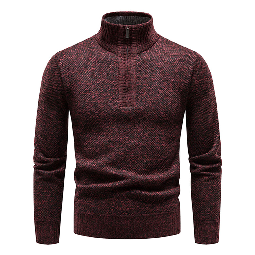 Bordeauxrode herentrui met halve rits, gebreid patroon, lange mouwen. Perfect voor herfst- en wintermode. Comfortabel en stijlvol design.