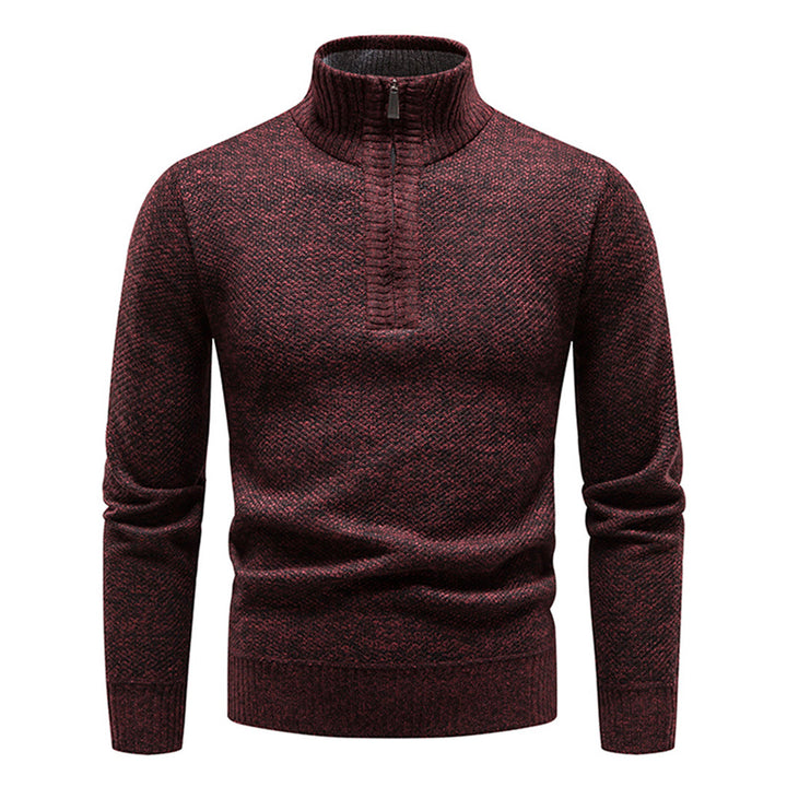 Bordeauxrode herentrui met halve rits, gebreid patroon, lange mouwen. Perfect voor herfst- en wintermode. Comfortabel en stijlvol design.