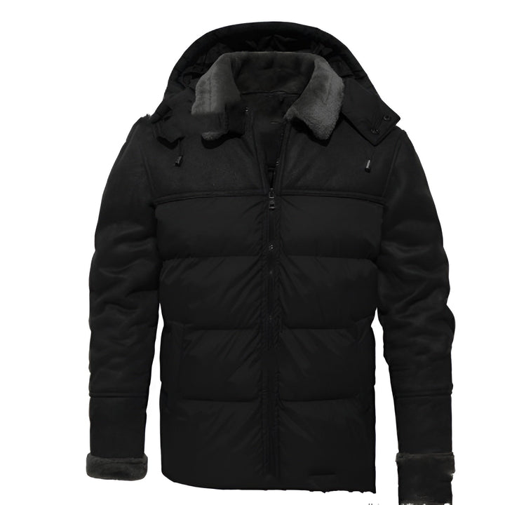 Zwarte winterjas met capuchon, gewatteerd ontwerp, ritssluiting en grijze kraag. Ideaal voor koude weersomstandigheden. Stijlvolle herenmode.