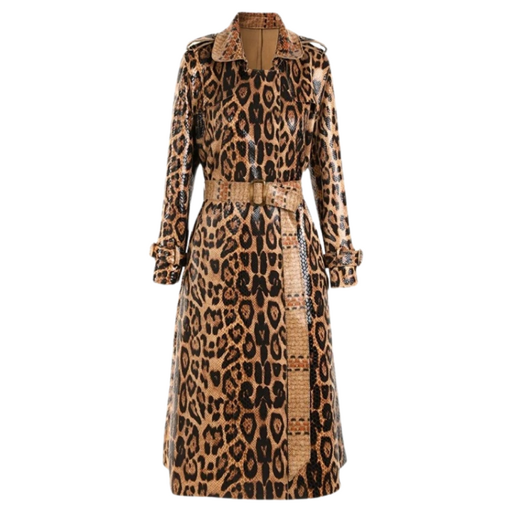 Luipaardprint trenchcoat voor dames, lange jas met riem, modieuze dierenprint, herfst- en winterkleding, stijlvolle damesmode.