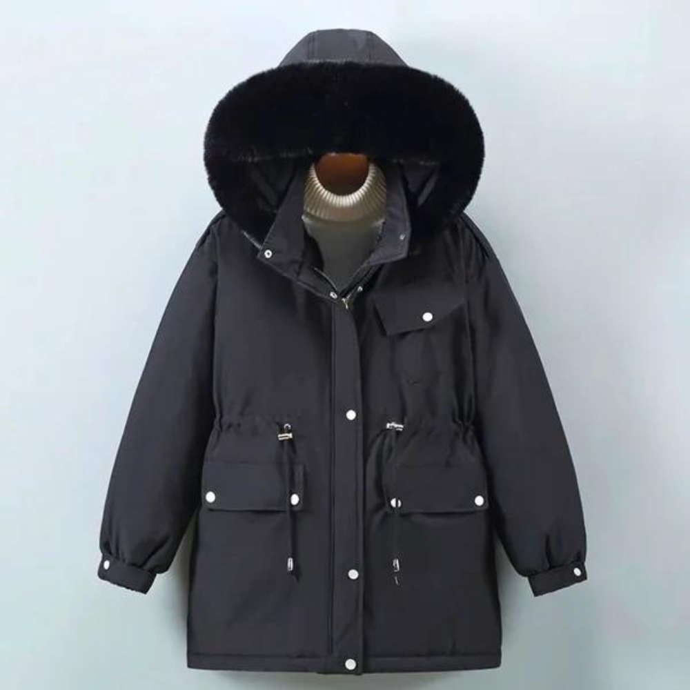 Zwarte winterjas met capuchon, bontkraag en zakken, ideaal voor koude weersomstandigheden. Stijlvolle en warme damesjas voor wintermode.