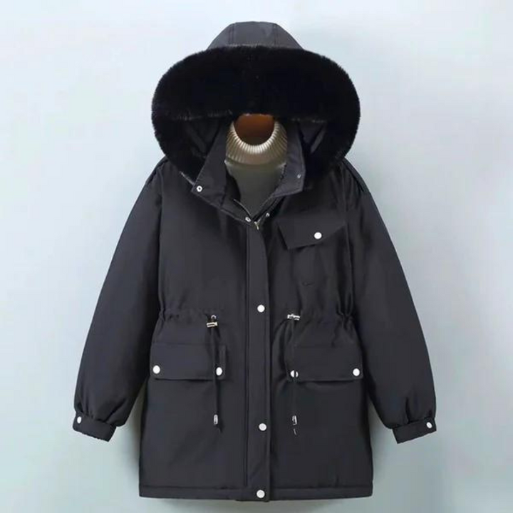 Zwarte winterjas met capuchon, bontkraag en zakken, ideaal voor koude weersomstandigheden. Stijlvolle en warme damesjas voor wintermode.
