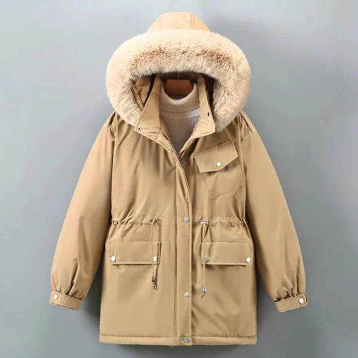 Khaki winterjas met capuchon, imitatiebontkraag en zakken. Warme parka voor dames, ideaal voor koude seizoenen. Stijlvolle en functionele buitenkleding.
