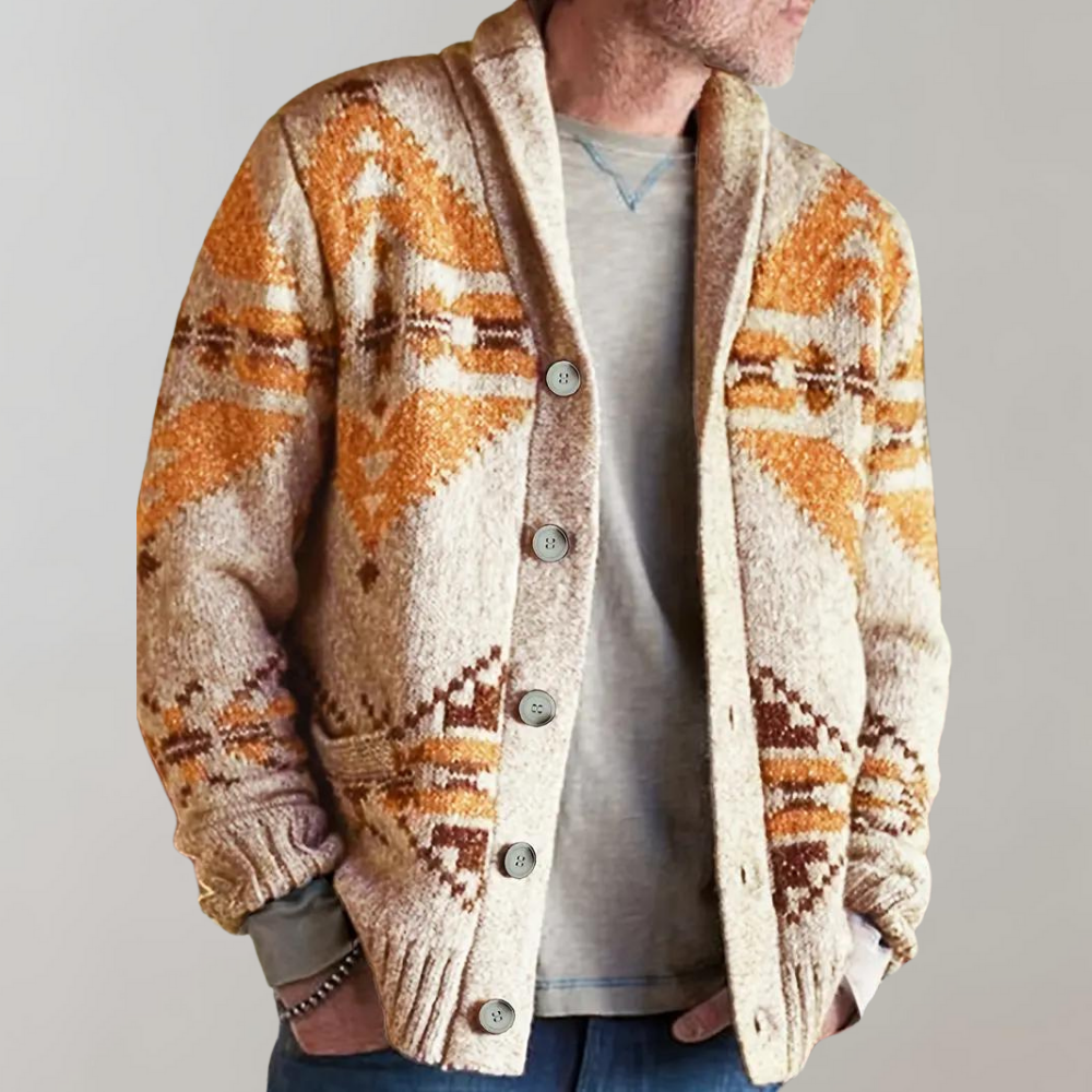 Vintage geïnspireerd gebreid vest met geometrisch patroon in oranje en bruin, herenmode, comfortabele herfstkleding, casual stijl.