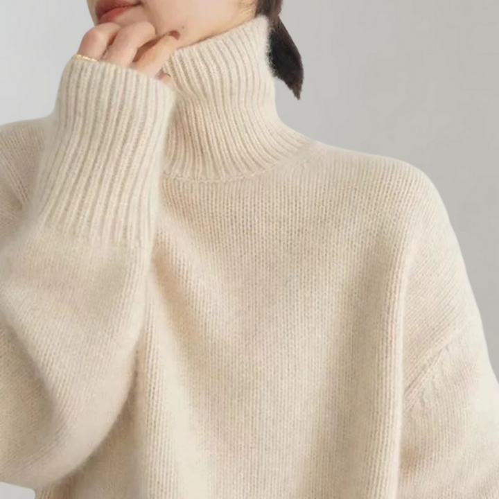 Beige coltrui dames, gebreid, zachte stof, lange mouwen, casual wintermode, stijlvolle en comfortabele trui voor koud weer.
