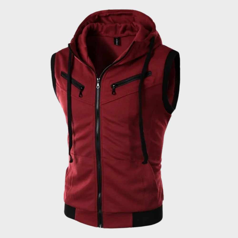Rode mouwloze hoodie met rits en capuchon, unisex sportieve stijl, casual vest, geschikt voor outdoor en fitness, modieuze herenkleding.