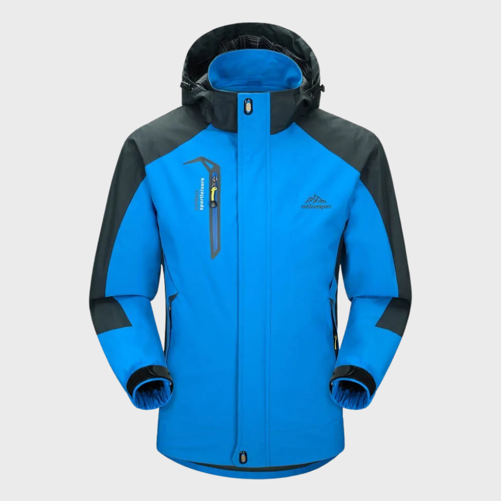 Blauwe waterdichte outdoorjas met capuchon, ademend en winddicht, ideaal voor wandelen en kamperen. Unisex ontwerp, duurzame materialen.