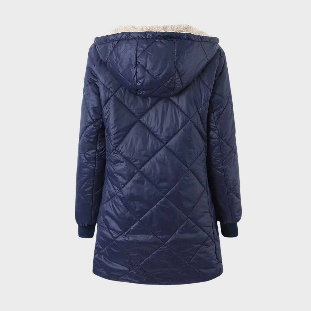Donkerblauwe gewatteerde damesjas met capuchon, lange mouwen en ruitpatroon. Ideaal voor wintermode en warme kleding.