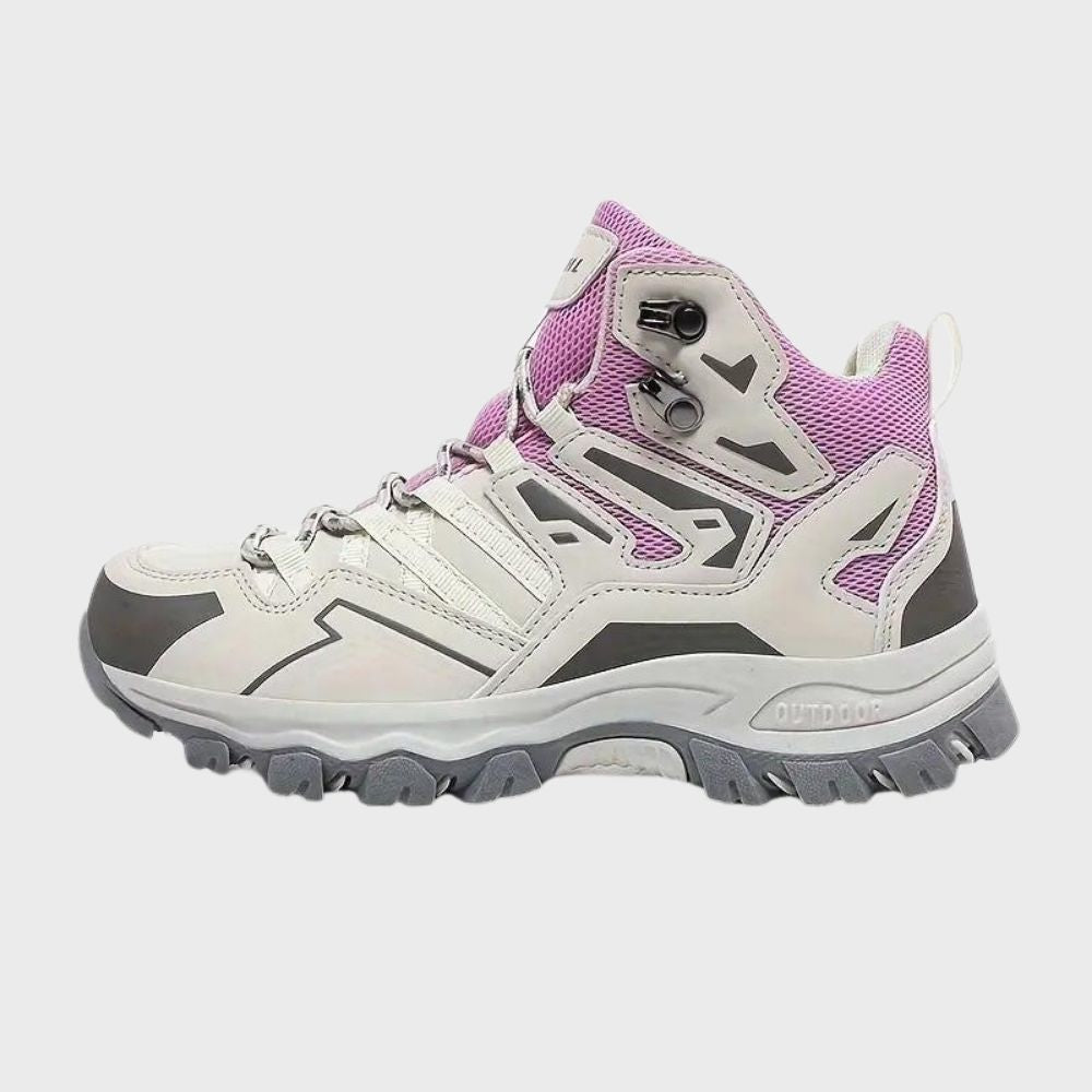 Paarse en grijze outdoor wandelschoen voor dames, hoge enkelsteun, ademend mesh, stevige gripzool. Perfect voor hiking en trekking.
