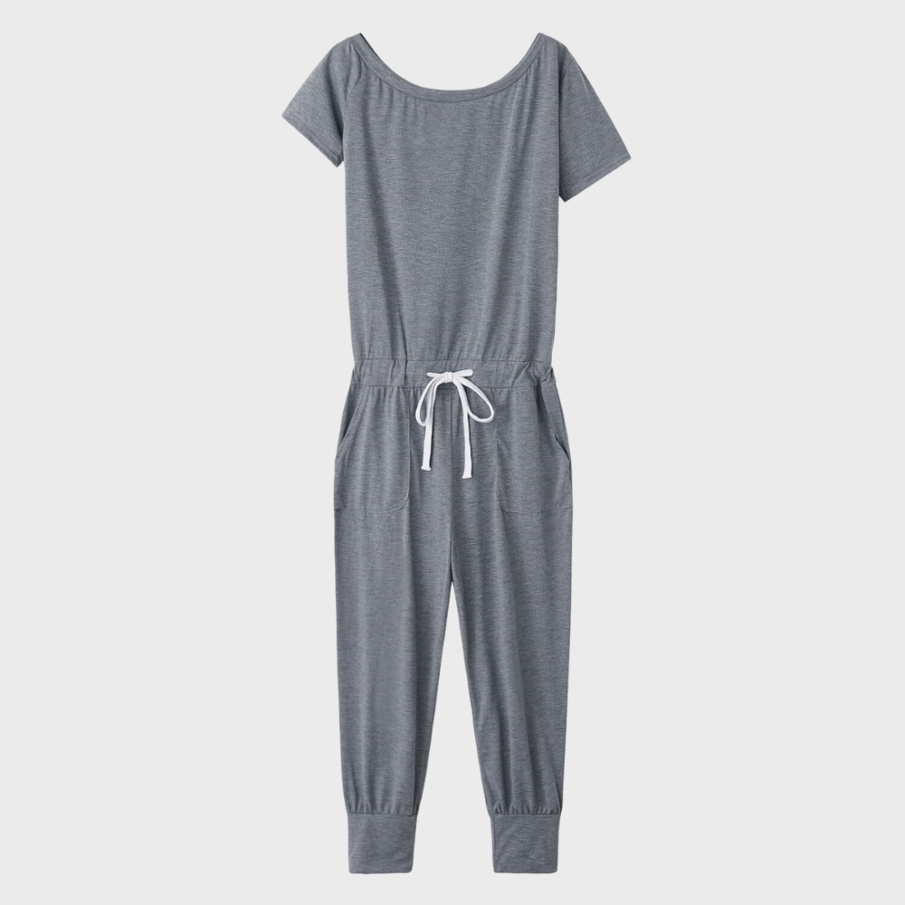 Grijze dames jumpsuit met korte mouwen en trekkoord, comfortabele pasvorm, casual stijl, ideaal voor dagelijks gebruik.