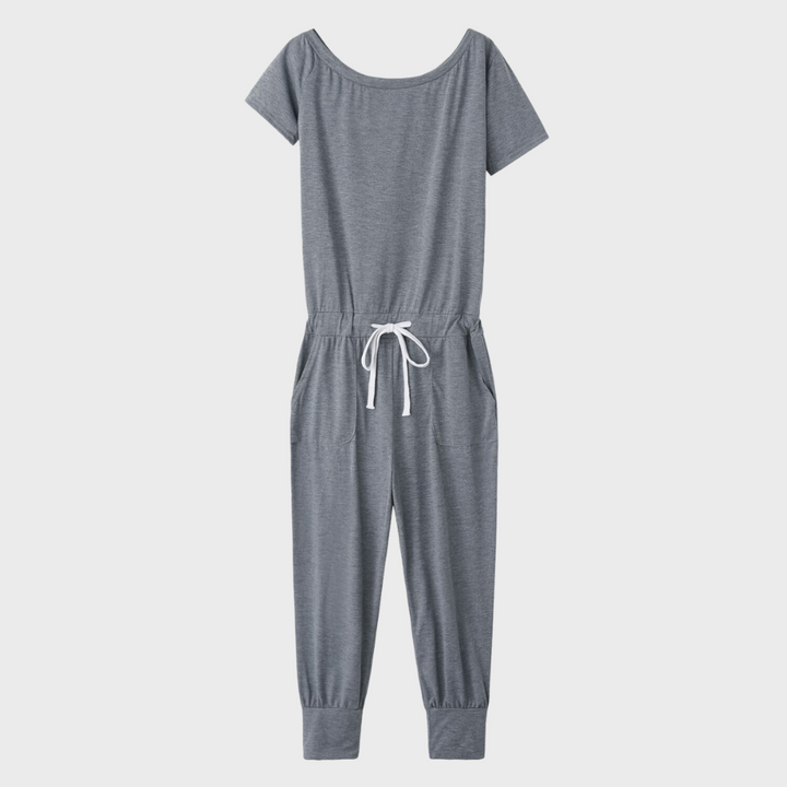 Grijze dames jumpsuit met korte mouwen en trekkoord, comfortabele pasvorm, casual stijl, ideaal voor dagelijks gebruik.