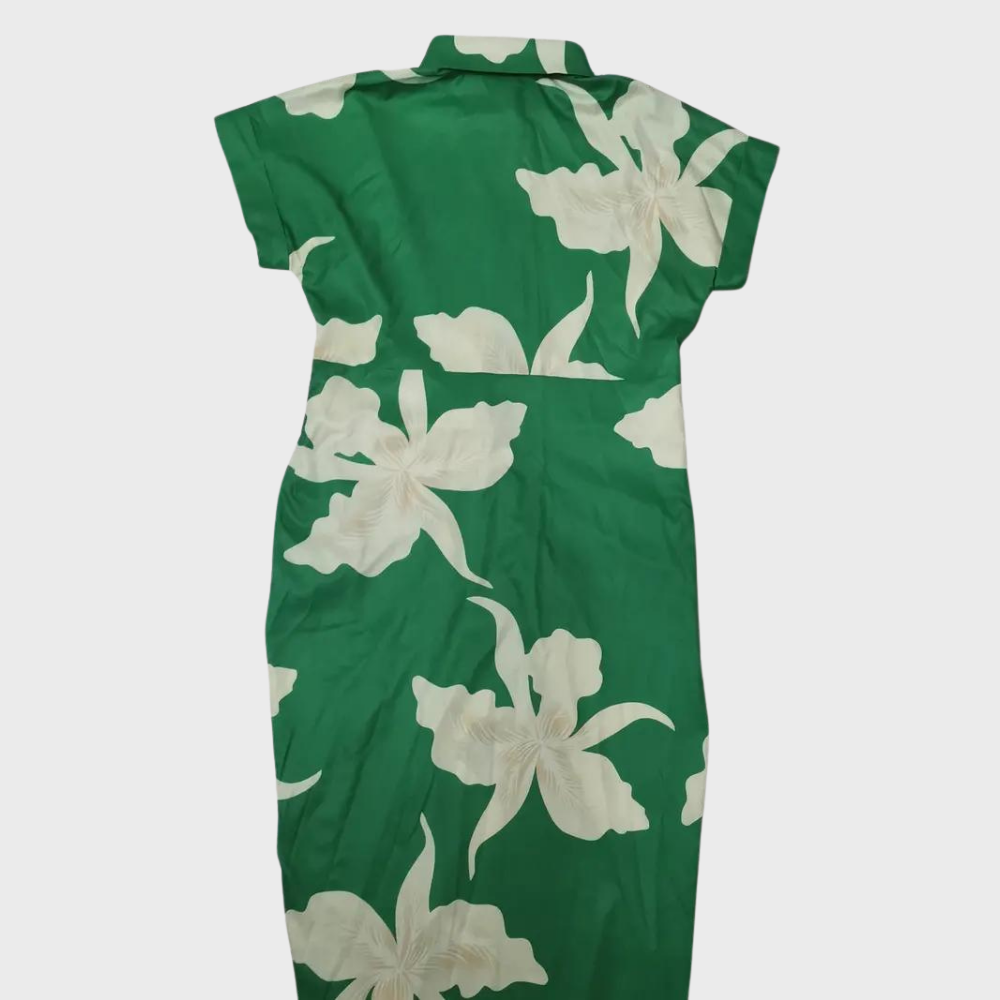 Groene damesjurk met witte bloemenprint, korte mouwen en kraag. Perfect voor zomerse gelegenheden. Stijlvolle en comfortabele mode.