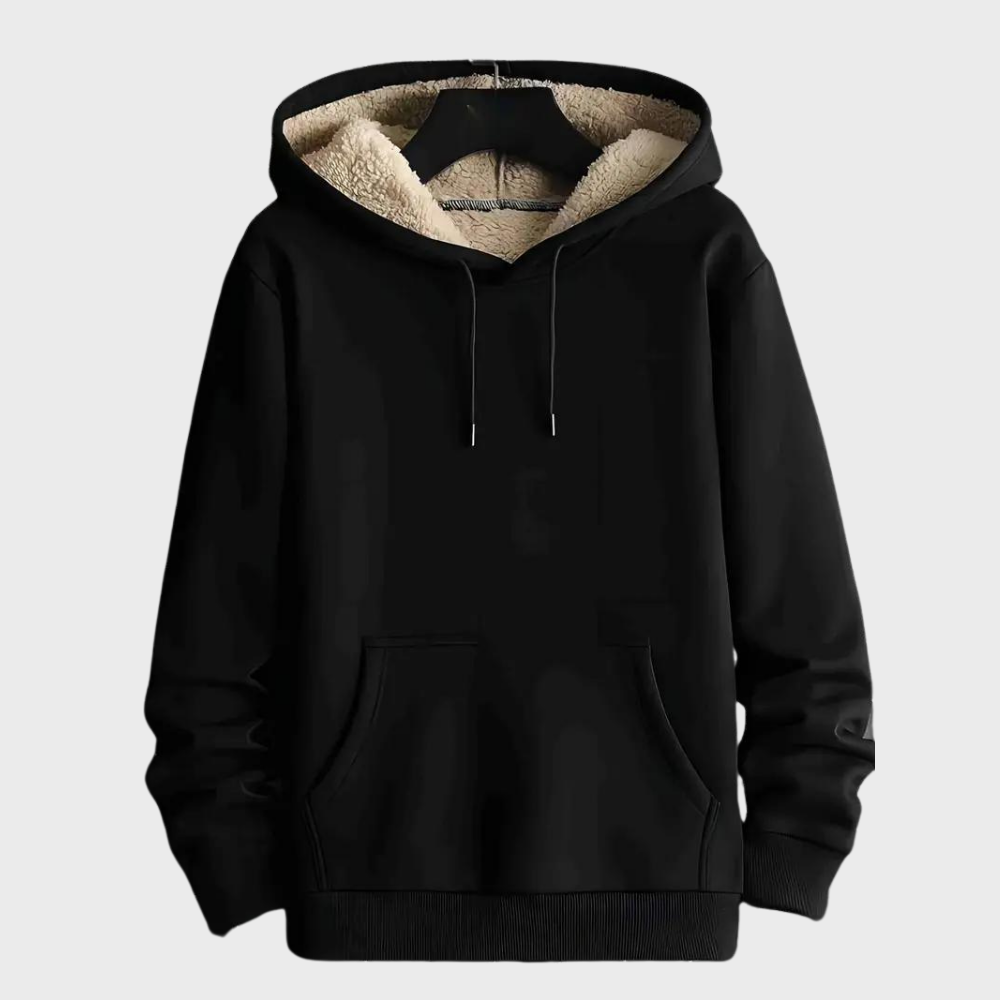 Zwarte hoodie met capuchon en zachte voering, uniseks design, ideaal voor wintermode. Comfortabele pasvorm, casual stijl, warme kleding.