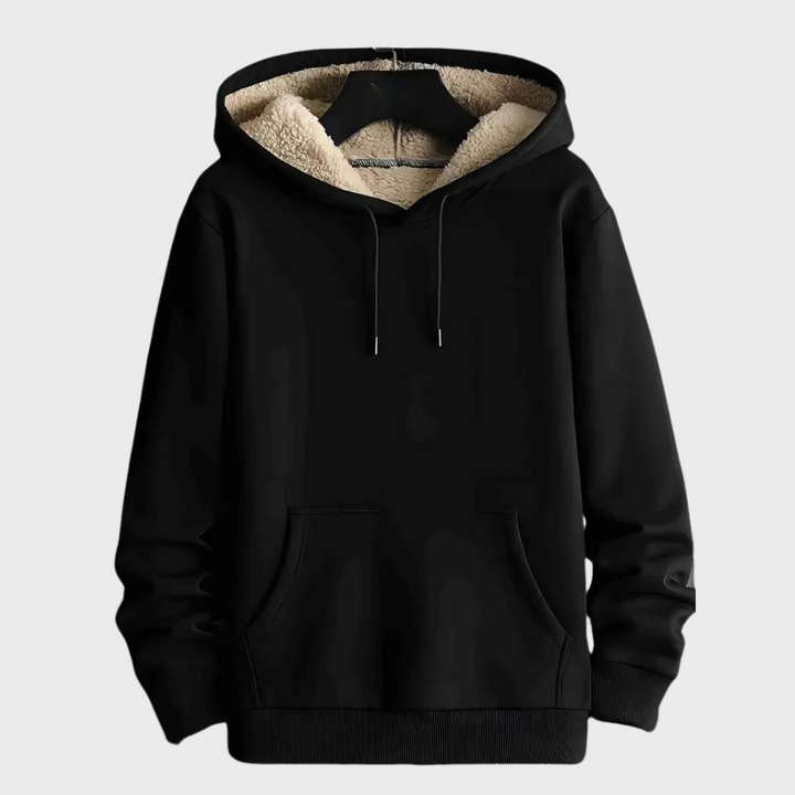 Zwarte hoodie met capuchon en zachte voering, uniseks design, ideaal voor wintermode. Comfortabele pasvorm, casual stijl, warme kleding.
