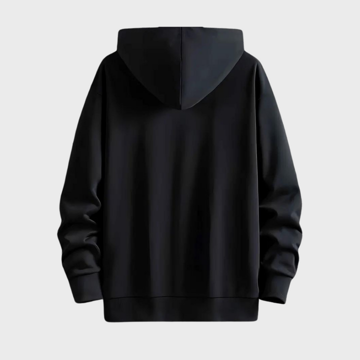 Zwarte hoodie met capuchon, uniseks, achterkant, casual streetwear, comfortabele pasvorm, geschikt voor dagelijks gebruik, modieuze kledingstijl.
