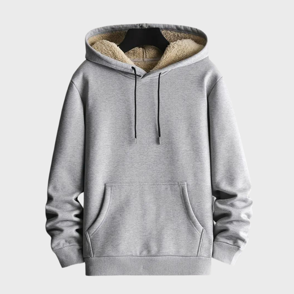 Grijze hoodie met capuchon, trekkoorden en buidelzak, gevoerd met zachte fleece. Perfect voor casual en comfortabele herenkleding.