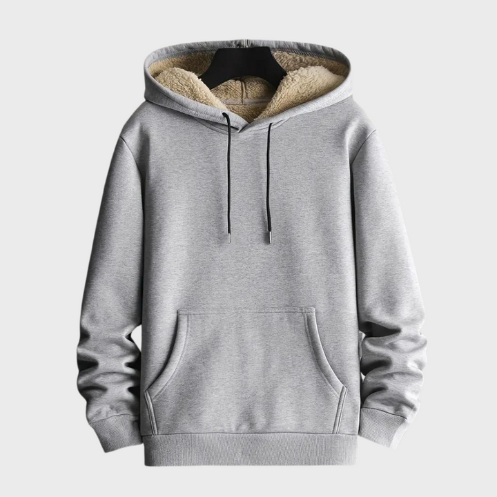 Grijze hoodie met capuchon, trekkoorden en buidelzak, gevoerd met zachte fleece. Perfect voor casual en comfortabele herenkleding.