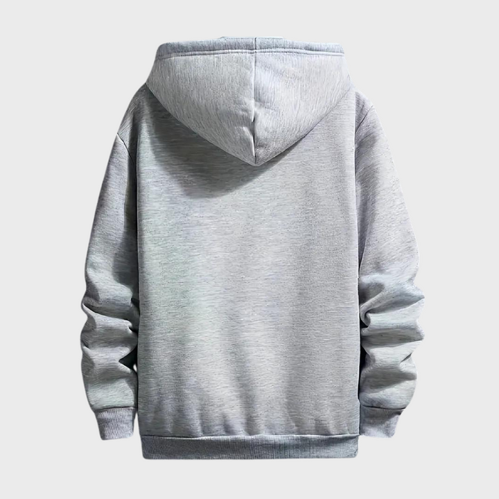 Lichtgrijze hoodie met capuchon, uniseks, achterkant, casual stijl, comfortabele pasvorm, ideaal voor dagelijks gebruik en sportieve activiteiten.
