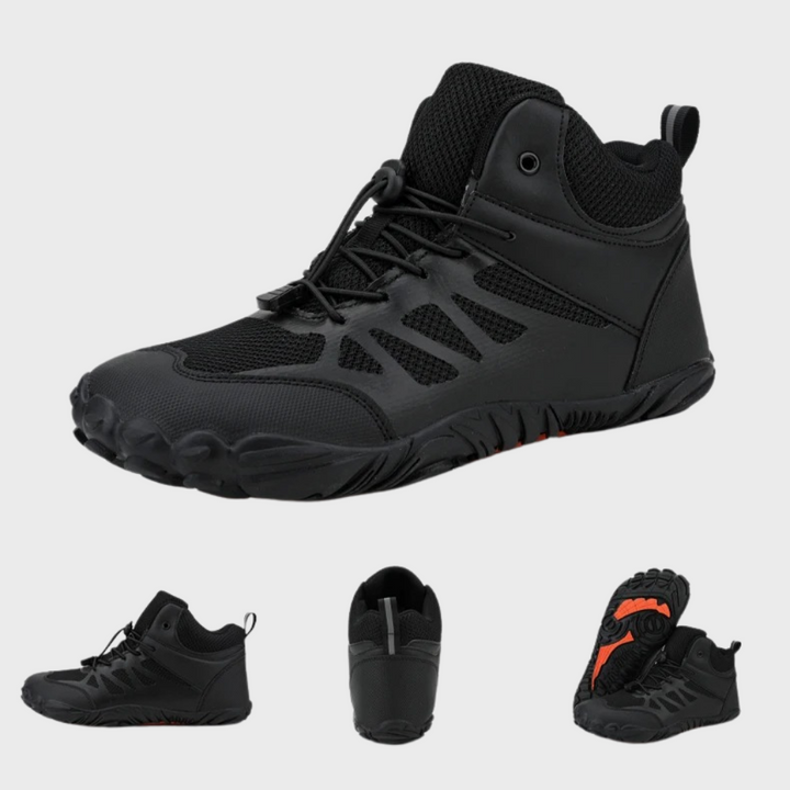 Zwarte wandelschoen voor heren met veters, ademend mesh, en stevige zool. Ideaal voor outdoor activiteiten. Comfortabele en duurzame schoenen.